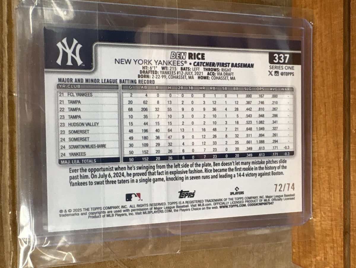 2025 Topps Ben Rice #337 Black 72/74 RC Yankees