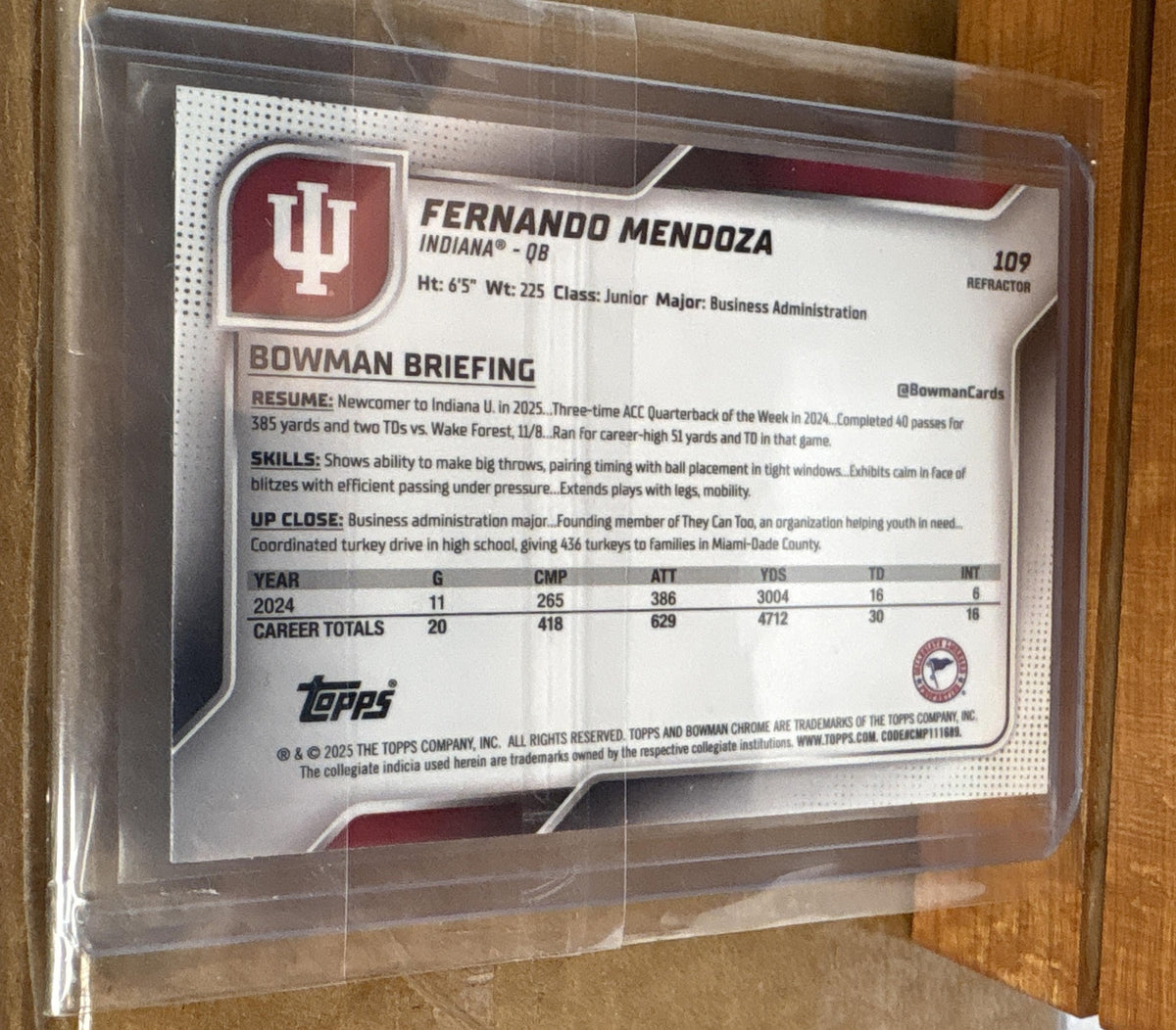 2025 Bowman Chrome University Fernando Mendoza #109 Stealth Refractor