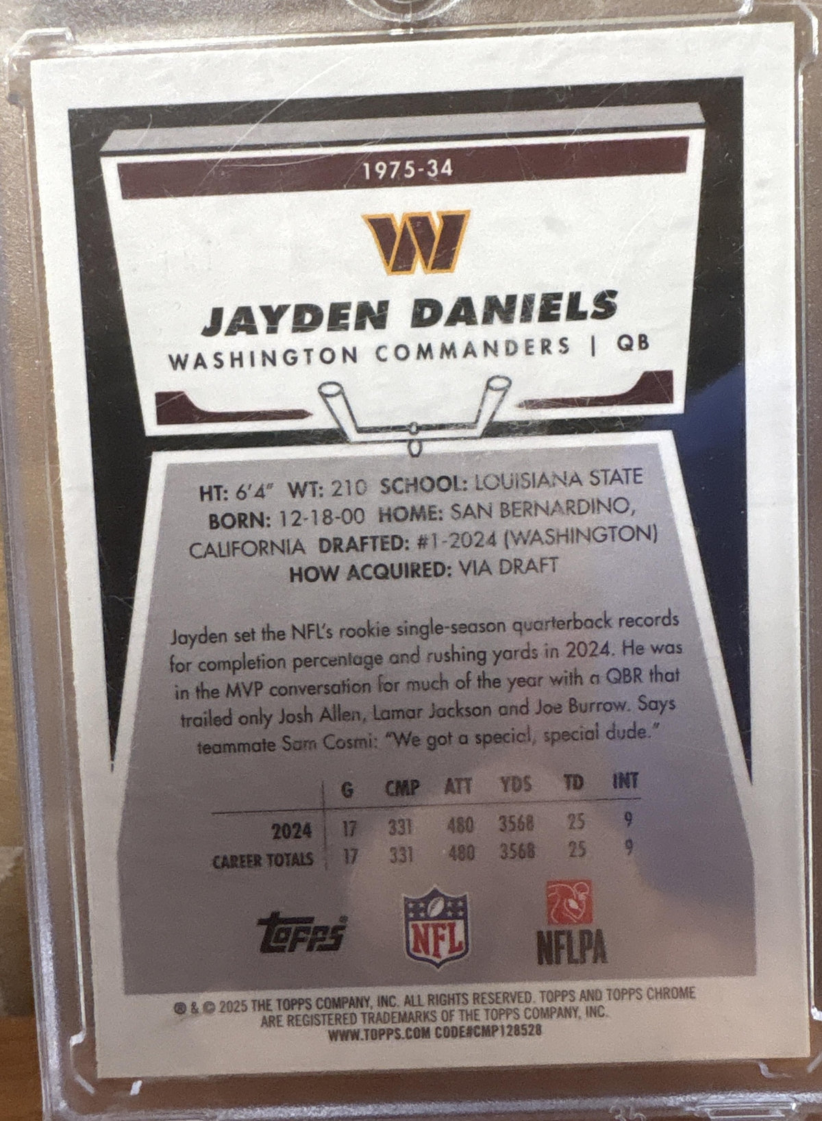 2025 Topps Chrome Jayden Daniels #1975-34 1975 Yellow Refractor 253/275