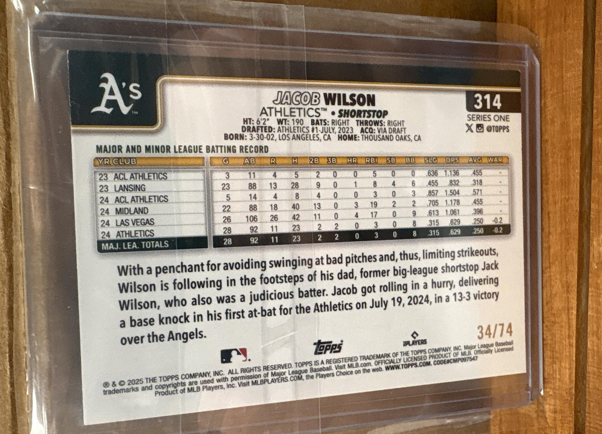 2025 Topps Jacob Wilson #314 Black 34/74 RC Athletics