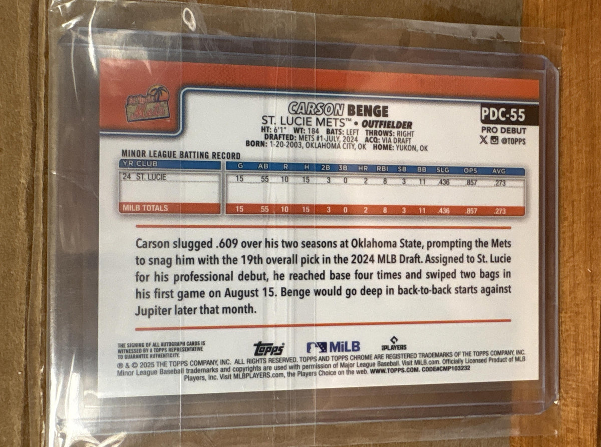 2025 Topps Pro Debut Carson Benge #PDC-55 Chrome Gold Refractor 11/50