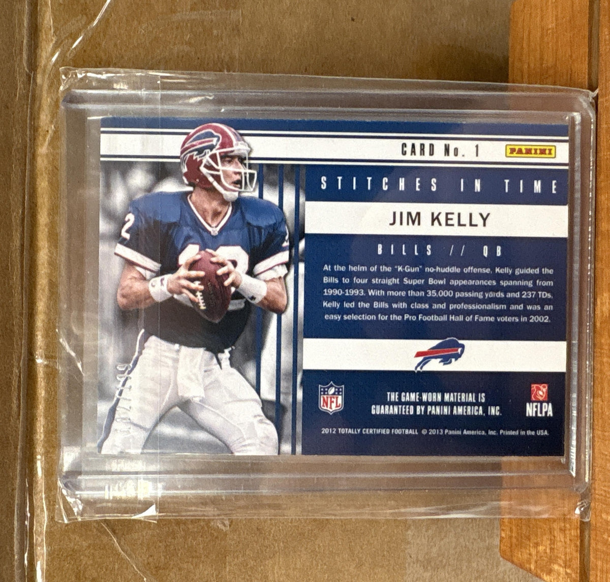 2012 Panini Totally Certified Jim Kelly #1 Stitches in Time /199 MEM Bills