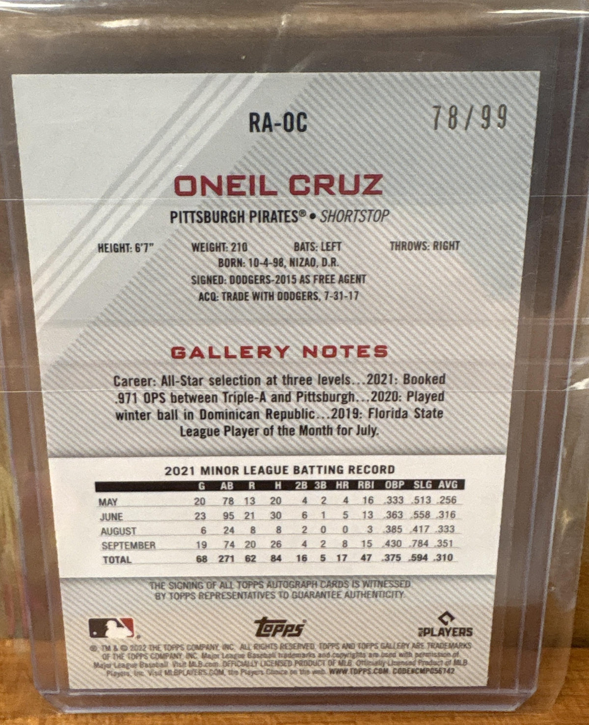 2022 Topps Gallery Oneil Cruz #RA-OC Rookies Auto Green 78/99 RC Pirates