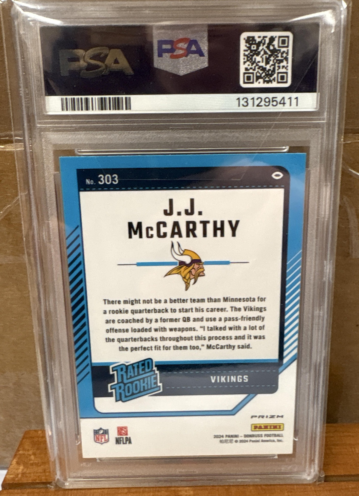 2024 Panini Donruss J.J. McCarthy #303 Optic Rated Rookie Blue Scope PSA 8