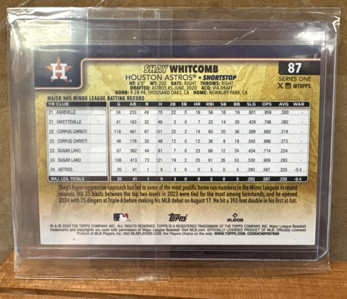 2025 Topps Shay Whitcomb #87 Golden Mirror Variation SSP RC Astros