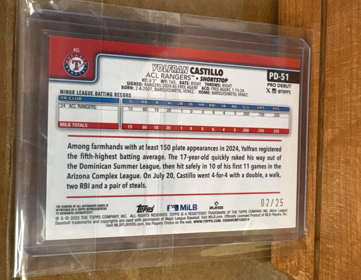 2025 Topps Pro Debut Yolfran Castillo #PD-51 Auto Orange Foil 2/25
