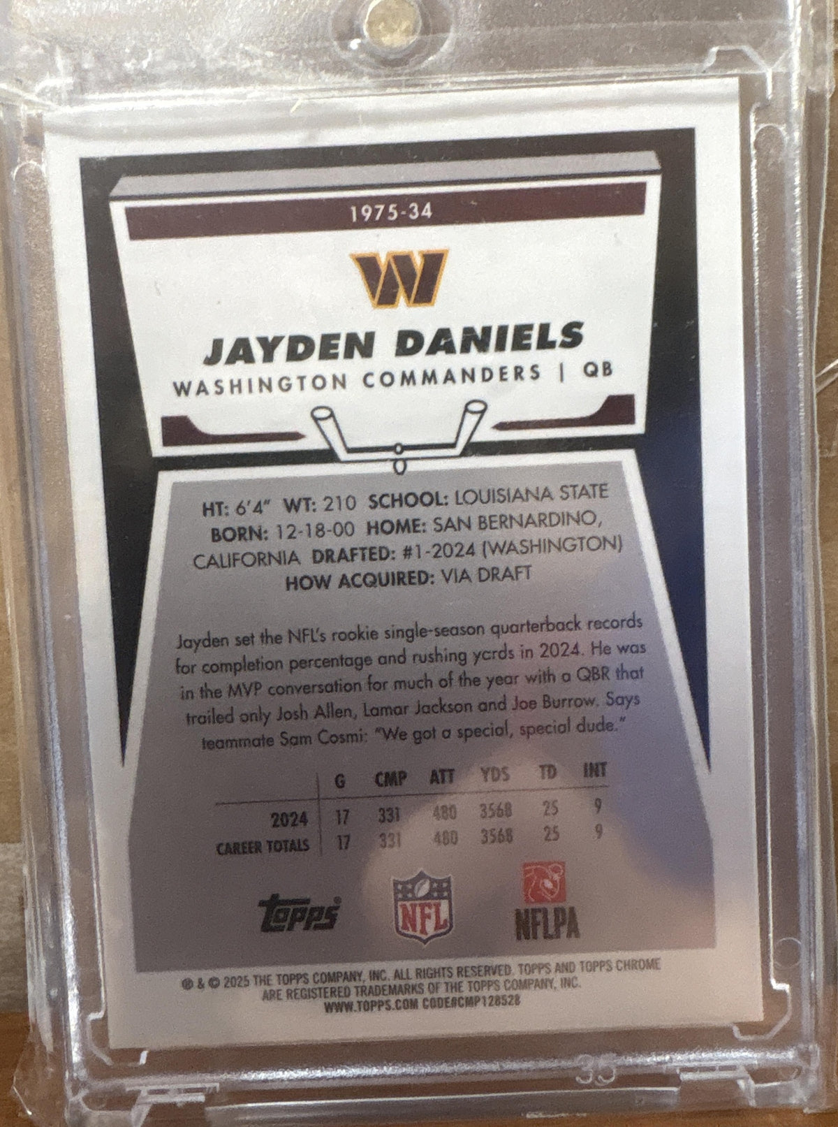 2025 Topps Chrome Jayden Daniels #1975-34 1975 Yellow Refractor 187/275