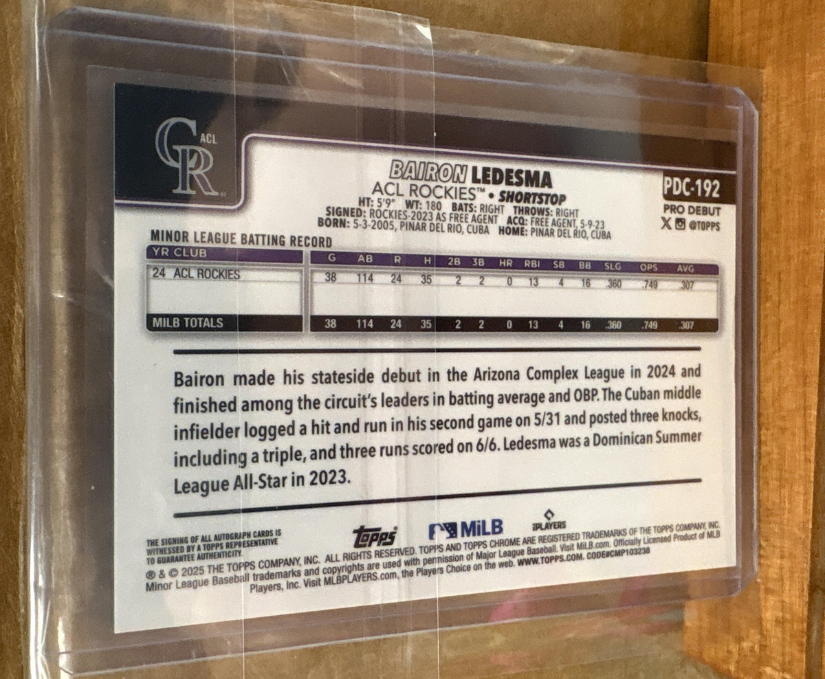 2025 Topps Pro Debut Bairon Ledesma #PDC-192 Chrome Auto Black Refractor 1/10