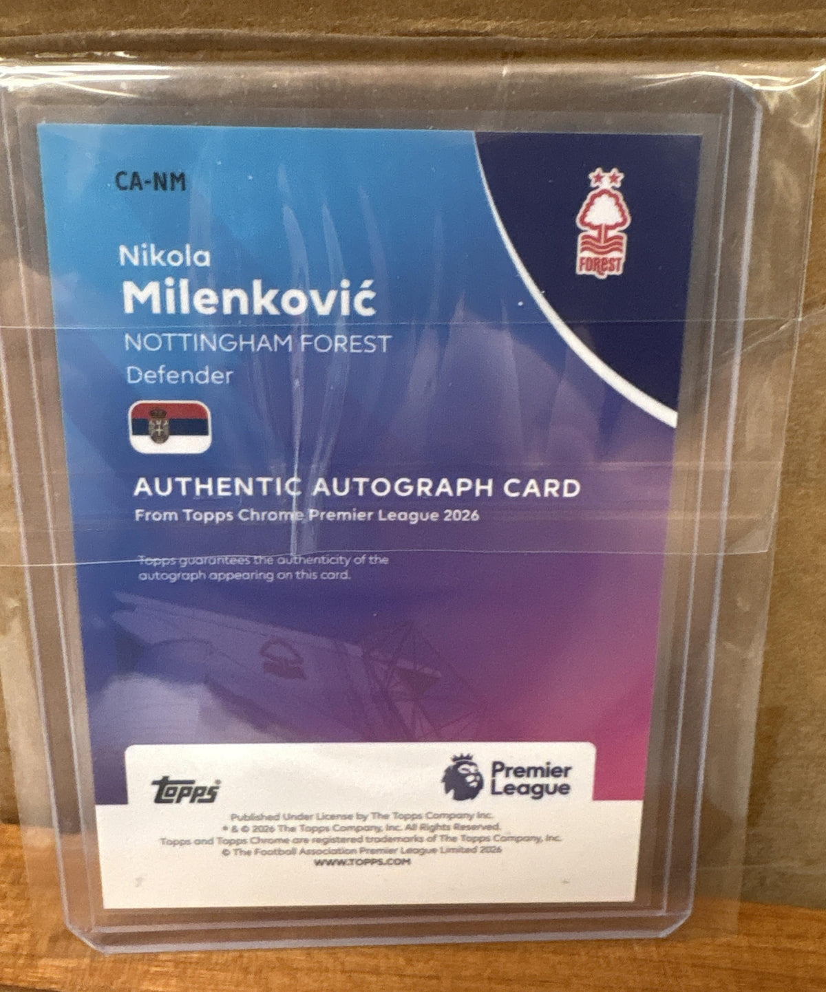 2026 Topps Chrome Premier League Nikola Milenkovic #CA-NM Auto Gold Wave /50