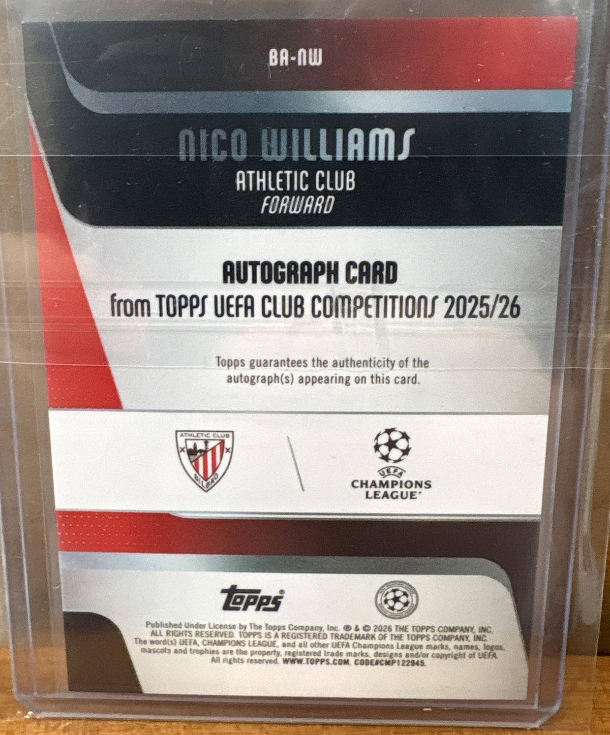 2025-26 Topps UEFA Club Competitions Nico Williams #BA-NW Auto Green Foil 95/99