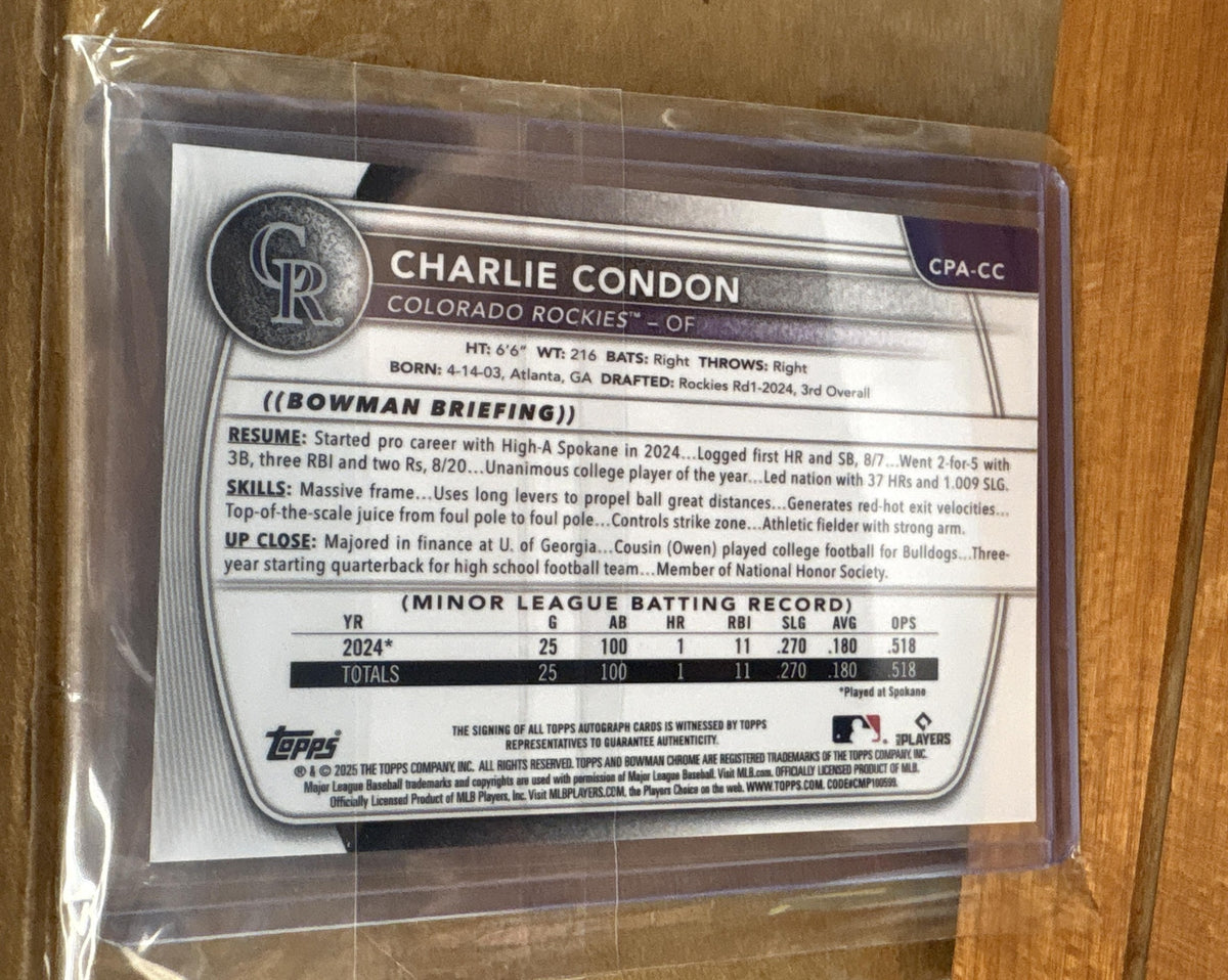 2025 Bowman Charlie Condon #CPA-CC Chrome Auto Purple Refractor /250
