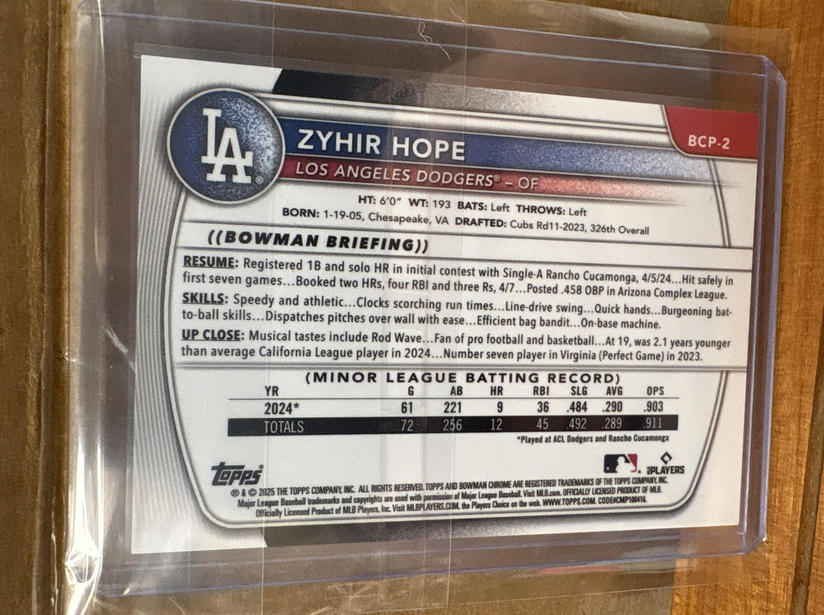 2025 Bowman Zyhir Hope #BCP-2 Chrome Prospects Gold Refractor /50 Dodgers