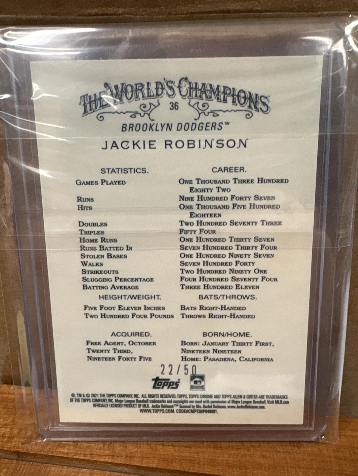 2021 Topps Allen & Ginter Chrome Jackie Robinson #36 Gold Refractor /50 Dodgers