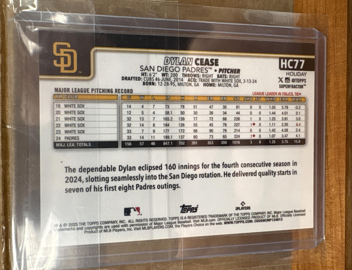 2025 Topps Holiday Dylan Cease #HC77 Chrome Superfractor 1/1 Padres
