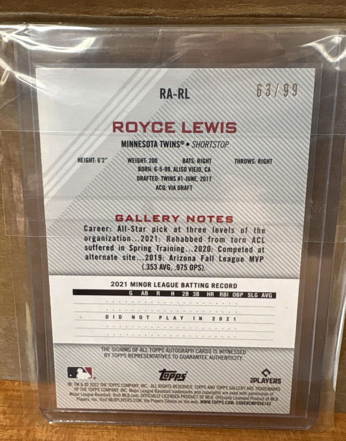 2022 Topps Gallery Royce Lewis #RA-RL Rookies Auto Green 63/99 RC Twins